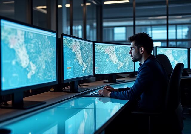 Modern logistics dispatch center with screens