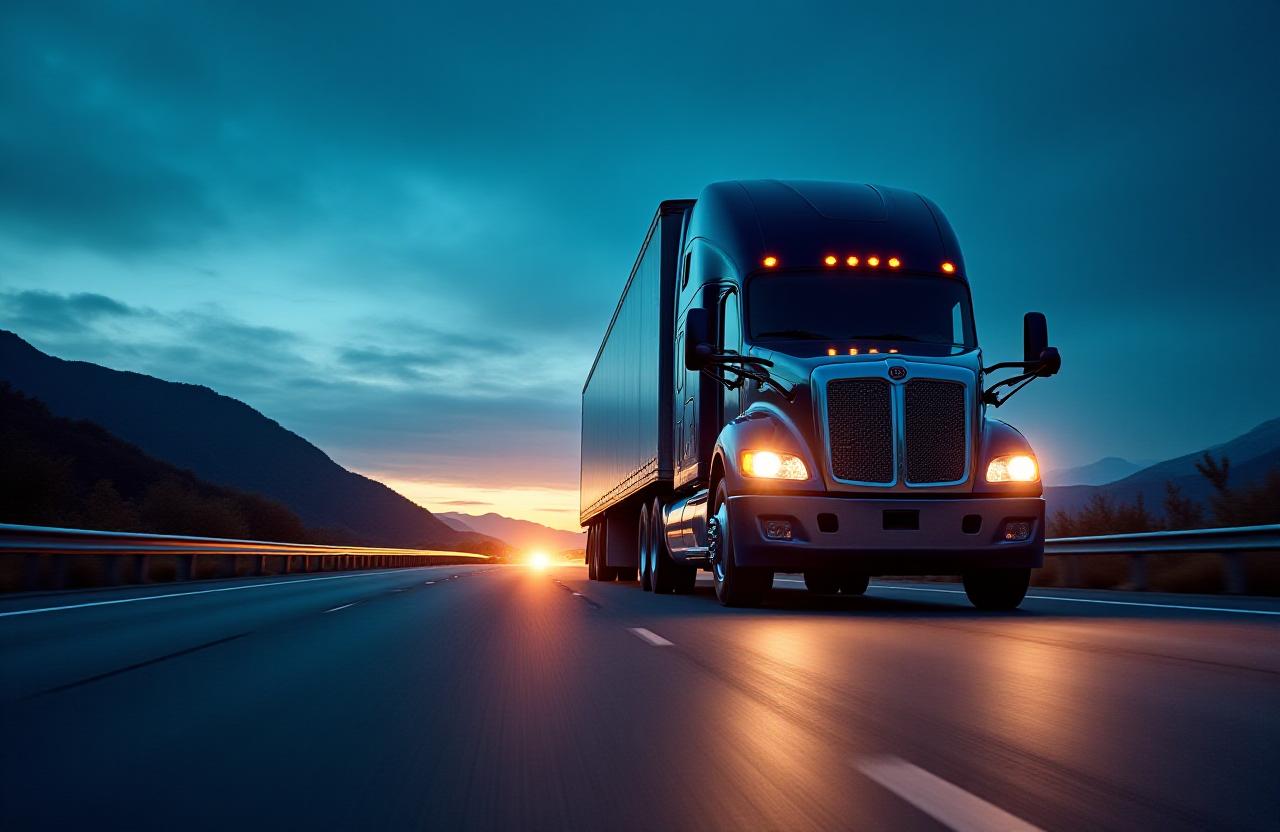 Heavy-duty freight truck moving on a highway during twilight